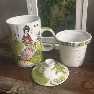 Oriental 3 Piece Teacup Infuser with Lid Coffee Cup White Jade Porcelain 12oz